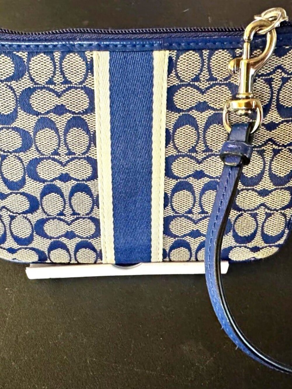 Coach Blue/White Signature Logo Zip Wristlet Clutch Wrist Strap Gold Hardware